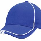 A blue baseball cap with white piping along the edges and two white stripes on the bill. The cap has a standard curved visor and a button on top.