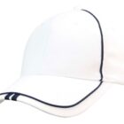 A white baseball cap with black piping along the seams and edges of the visor, viewed from a side angle. The cap is plain without any logos or additional designs.