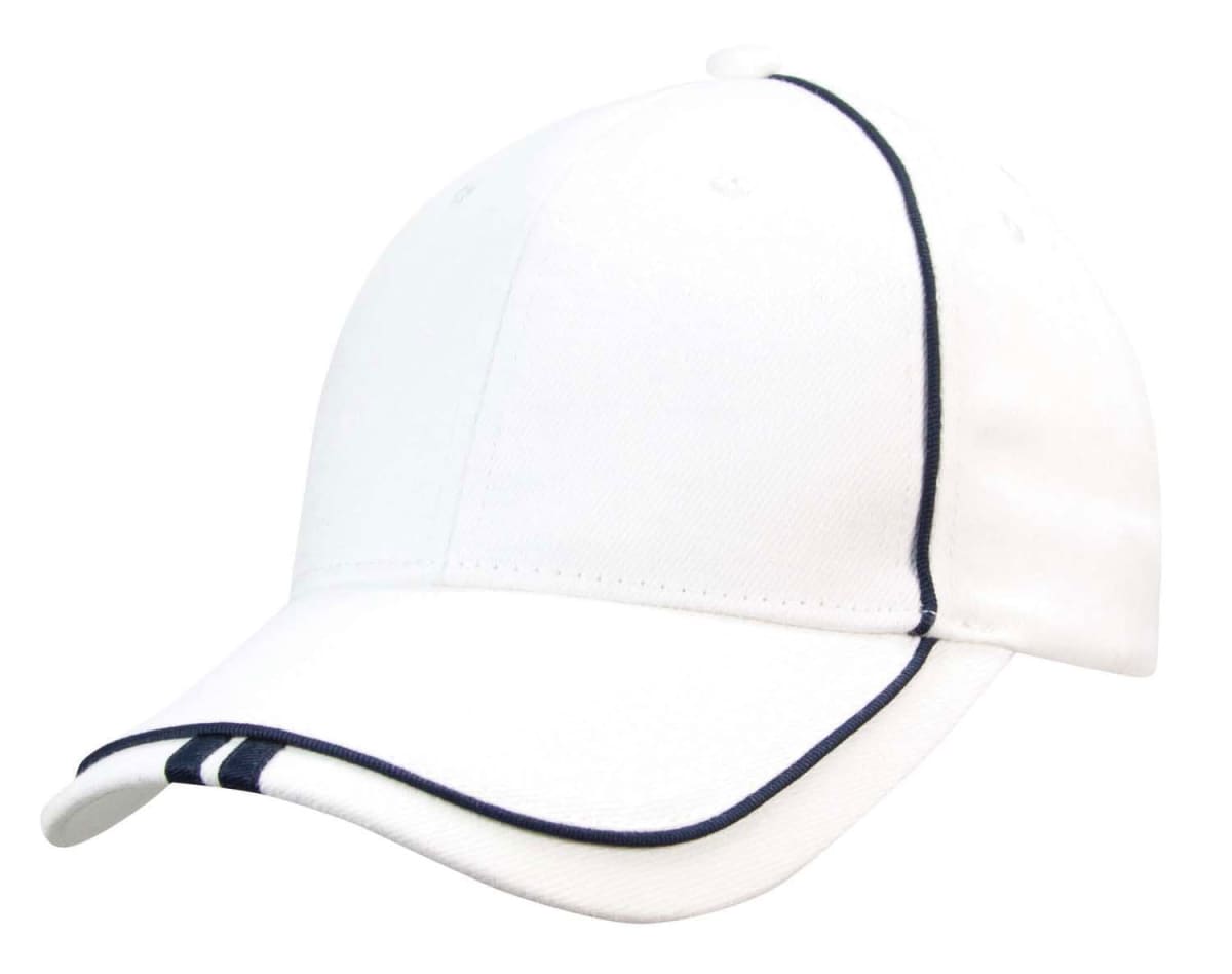 A white baseball cap with black piping along the seams and edges of the visor, viewed from a side angle. The cap is plain without any logos or additional designs.
