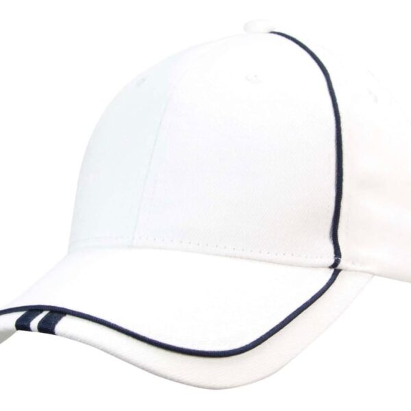 A white baseball cap with black trim along the edges of the brim and panels. The design is simple, featuring a structured crown and a curved peak.