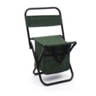Green folding chair with a black metal frame, featuring a built-in storage bag beneath the seat. The bag has a zippered pocket and two handles for carrying. The design is compact and portable.