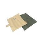 A beige and a green cloth square pouch with snap buttons, laid flat. The beige pouch has a small kangaroo silhouette design printed on it.