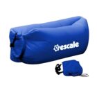 A blue inflatable air sofa with the word escale printed on it in white. The sofa is accompanied by a matching blue carrying bag with black straps.