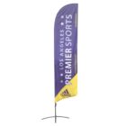 A tall, purple and yellow feather flag with the text Los Angeles Premier Sports and the Adidas logo at the bottom. The flag is mounted on a metal cross base.