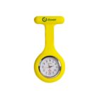 A yellow silicone fob watch with a white analog clock face featuring black numbers and red hands. The top of the watch has a green logo with the text doxer. The watch is isolated against a white background.
