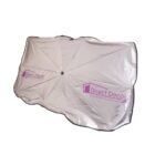 A silver windshield sunshade with two sections and a logo that reads Direct Decor in purple. The slogan underneath says Great designs for great moments. The sunshade edges are outlined in black.