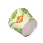 A paper cup with green palm leaf designs on a beige background, featuring an orange diamond with the text Agfa in white. The cup is displayed at an angle.