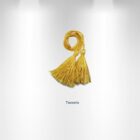 A bundle of golden yellow tassels is displayed against a light gray background. The tassels are neatly wound together, and Tassels is written below them.