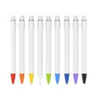 Nine pens with white barrels and clear clips are aligned vertically. Each pen has a different colored tip: red, orange, yellow, lime green, green, light blue, blue, purple, and black.