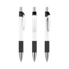 Three identical retractable ballpoint pens are shown vertically aligned. Each pen has a white body, black clicker, and clip at the top, with a black grip near the tip. The pens are arranged side by side against a white background.