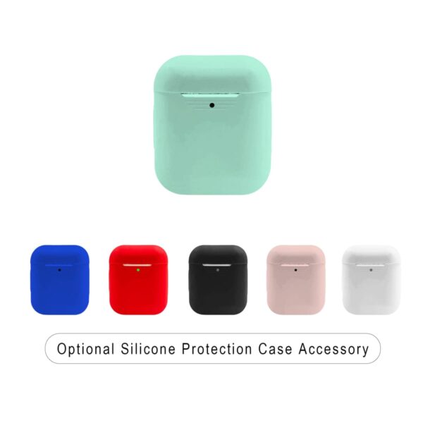 Five silicone protective cases for wireless earbuds, shown in mint green, blue, black, pink, and white. Each case has an LED indicator hole. Text below reads Optional Silicone Protection Case Accessory.