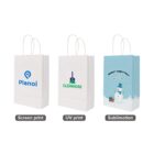 Three printed gift bags with different designs and label types: screen, UV, sublimation.