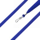 A blue lanyard with a silver hook clip is shown. The lanyard has a woven texture and connects to the hook via a metal ring. The clip is positioned in the center of the image, emphasizing its functionality.