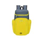 A yellow and gray backpack with multiple zippered compartments. The top section is gray with a zipper, while the main body and two side pockets are bright yellow. Black adjustable shoulder straps are visible. The background is white.