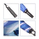 Four close-up images of an umbrella: top left shows a black handle, top right a blue tip, bottom left a section of blue canopy, and bottom right a wrapped blue striped fabric with a button closure.
