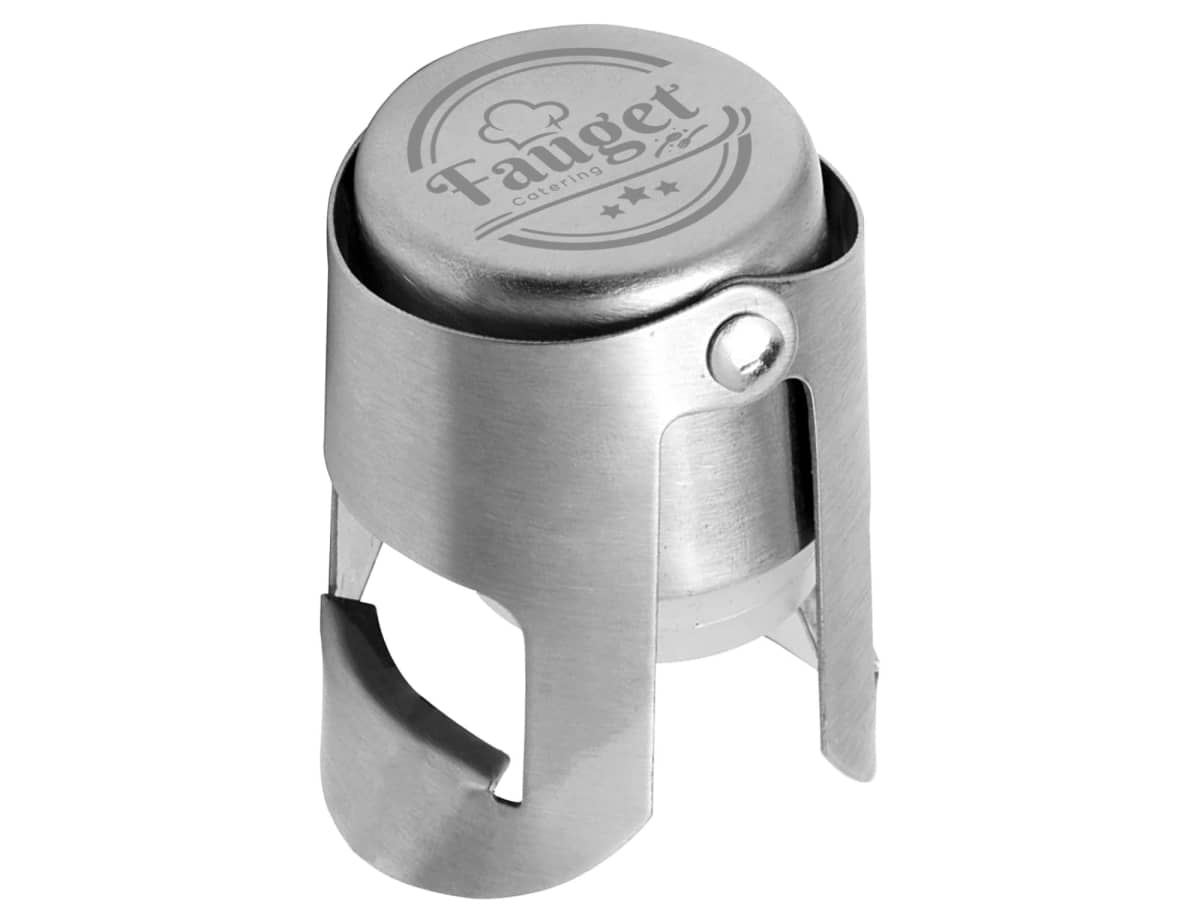 Metal champagne bottle stopper with the Fauget brand logo on the top. It features a sleek, stainless steel design with a circular cap and side clasps to seal the bottle.