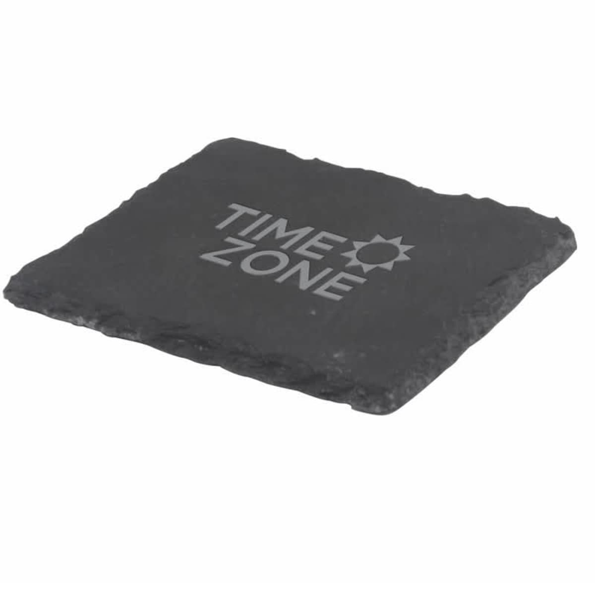 A dark gray slate coaster with the words TIME ZONE engraved on it, along with a circular design resembling a sun or clock next to the text. The coaster has a textured, uneven edge.