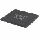 A square black coaster with rough edges features the words TIME ZONE and a sun symbol in white.