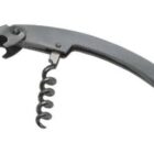A silver waiters corkscrew with a folding foil cutter and bottle opener is seen against a white background. The corkscrew spiral is extended, showcasing its multifunctional design.