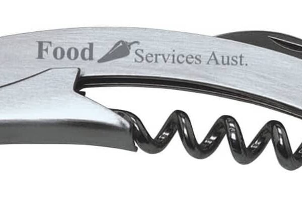 A silver corkscrew with a small knife folded in, engraved with Food Services Aust. The design is simple and compact, suitable for opening wine bottles.