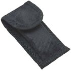 A black, textured nylon pouch with a flap secured by Velcro. The pouch appears compact and is designed for portability, possibly used to carry small tools or a utility knife.