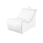 A white, cushioned bean bag chair with a backrest and handle for easy transport. The chair has a relaxed, sloping design, offering ergonomic support for lounging.