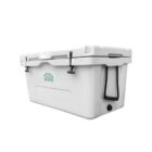 White, rectangular cooler with black handles and latches, featuring a miracle logo in green on the side. It has a sturdy build, suitable for keeping items cold during transport.