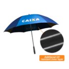 Blue umbrella with a black handle, featuring the text CAIXA in white and yellow. A circular close-up shows the UV-resistant inner layer fabric. An orange text box reads, Additional UV resistant inner layer.