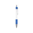 A retractable ballpoint pen with a blue grip and clip, silver tip, and a white barrel, shown against a plain white background.