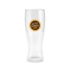 Tall clear beer glass with a Best Beer label on the front, on a white background.