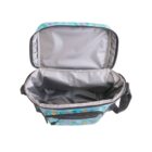 An open insulated lunch bag with a blue and turquoise patterned exterior featuring small colorful designs. The bag has a silver-gray interior lining and an adjustable black shoulder strap.