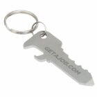 A silver key-shaped bottle opener with the website GETAJOB.COM engraved on it, attached to a metal key ring.