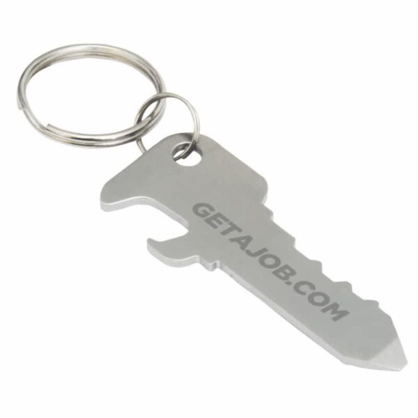 A metal key-shaped bottle opener with a keyring attached. The text GETAJOB.COM is engraved on the body of the key.