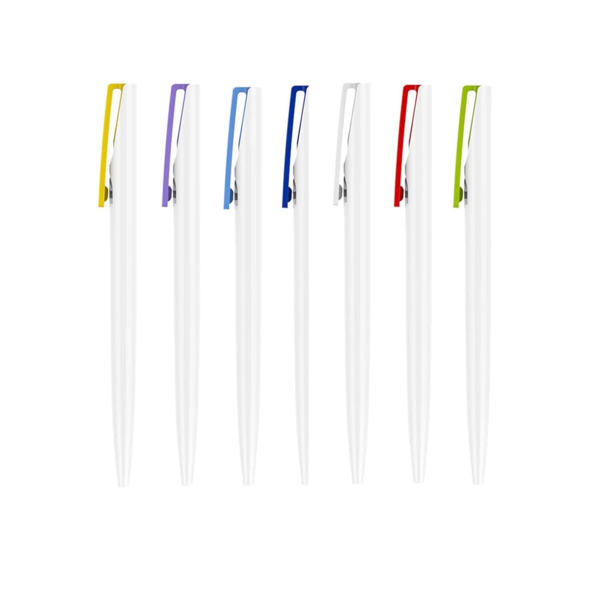 Six white pens are aligned vertically with different colored clips: yellow, purple, blue, red, and green. Each pen has a sleek design on a plain white background.