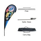Image of a 14-foot teardrop banner with a colorful design and the E-Z UP logo on it. Components shown include a pole, spike base, and a carry bag.