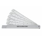 A white, multi-blade geometric protractor with the text GETAJOB.COM printed on the main blade. Each blade features measurement markings in different increments.