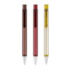 Three retractable ballpoint pens are shown. From left to right, they have metallic finishes in brown, red, and yellow. Each pen features a translucent upper portion with a visible mechanism.