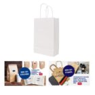 White paper bag and examples of bespoke stamps and stickers on different bags.