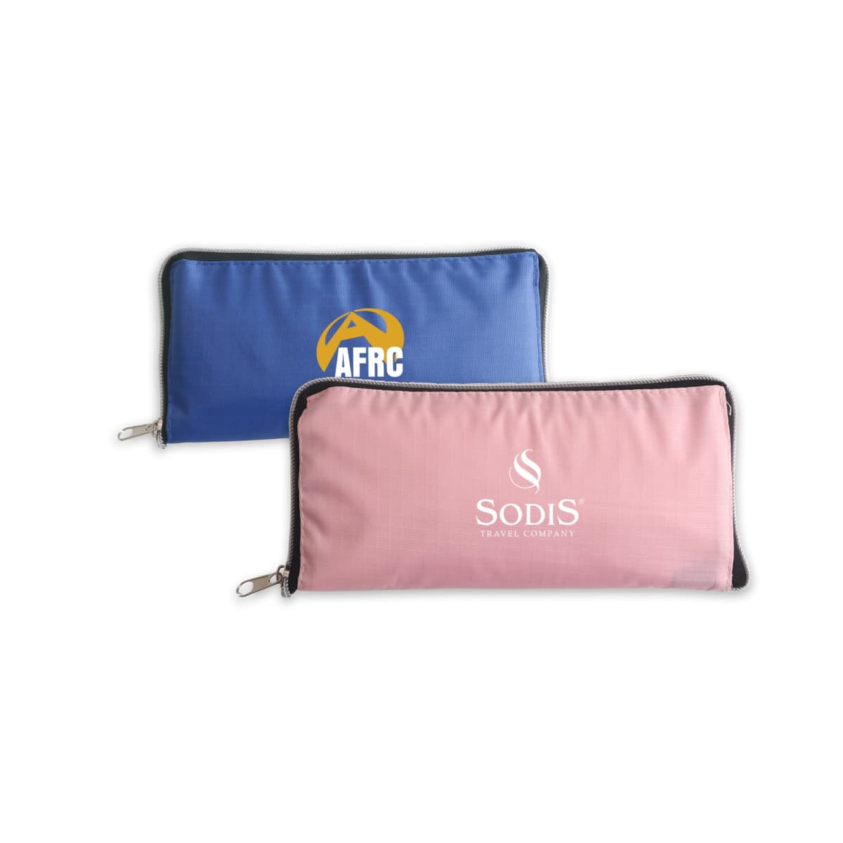 Two zippered pouches are displayed. One is blue with AFRC and a mountain logo, and the other is pink with Sodis Travel Company and a wave logo. Both have black zippers and are set against a white background.