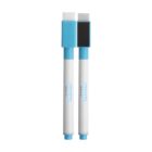 Two white and blue dry erase markers with square erasers on top.