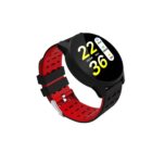 A black smartwatch with a round face displaying the time and date. The strap is black with red perforated accents and a metal clasp.