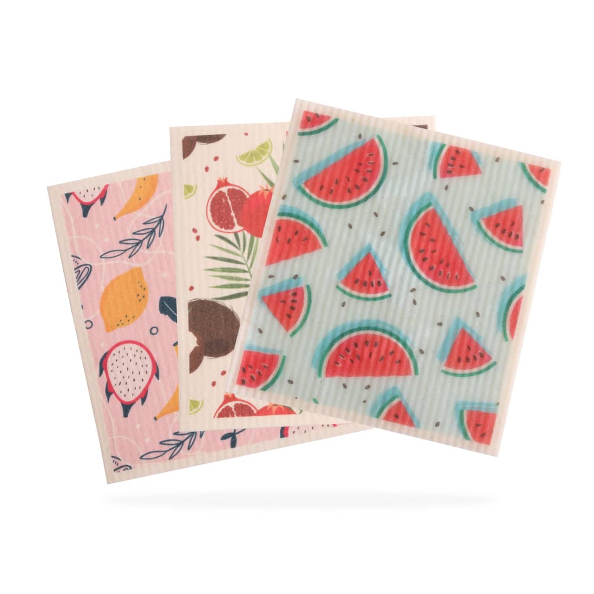 Four colorful dishcloths with various fruit patterns, including watermelons, cherries, and dragon fruits, arranged in a slightly overlapping manner on a white background.