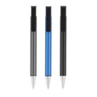 Three pens are vertically aligned against a white background. The pens are gray, blue, and black, each with a black clip and a silver tip.