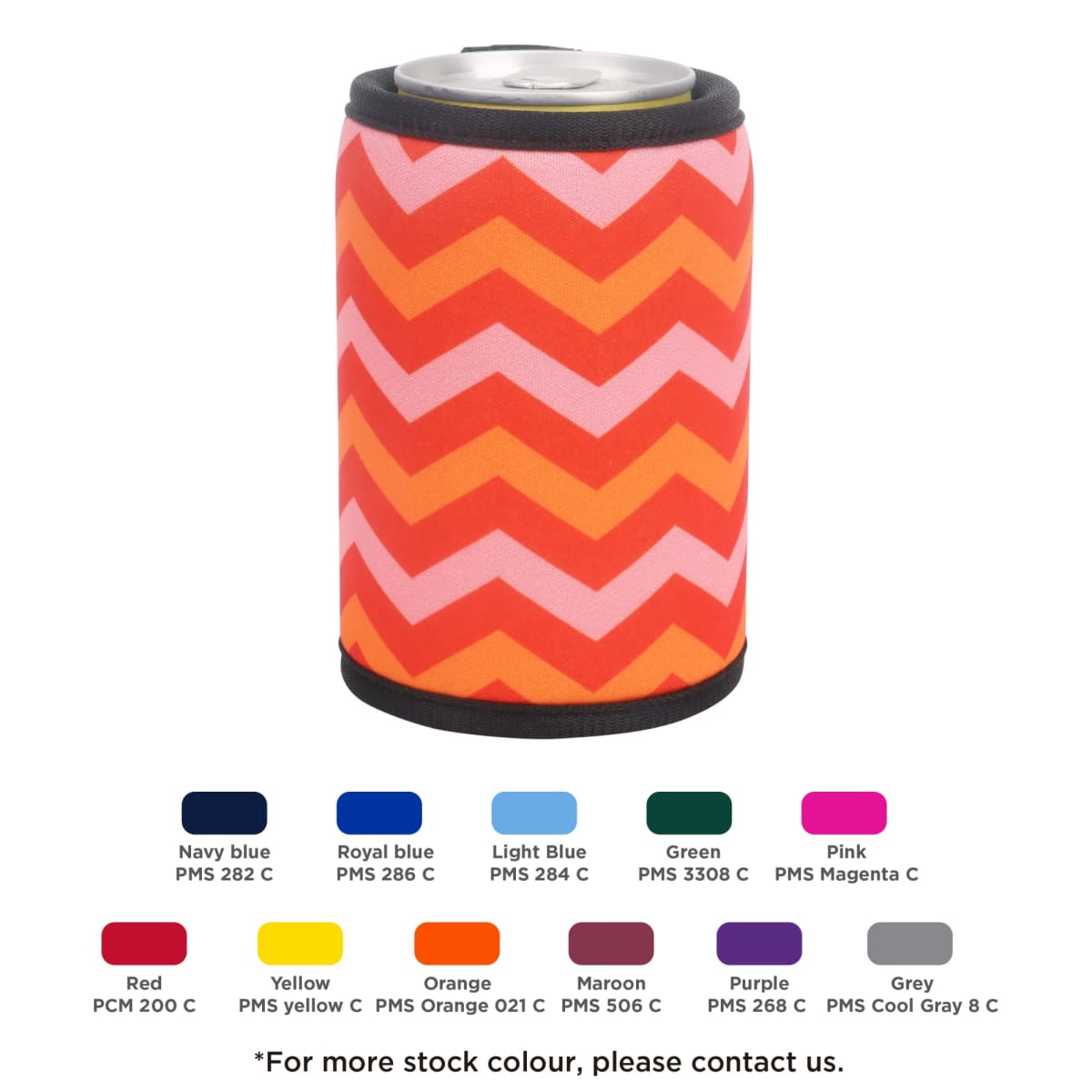 A can holder with a red and pink chevron pattern is shown above a color chart featuring different stock colors, including shades of blue, green, pink, red, orange, maroon, purple, and grey.