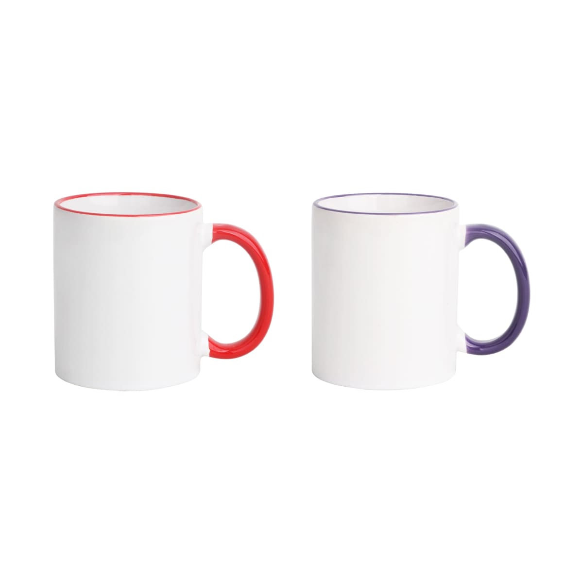 Two white mugs with colored handles and rims are displayed against a white background. The mug on the left has a red handle and rim, while the mug on the right features a purple handle and rim.