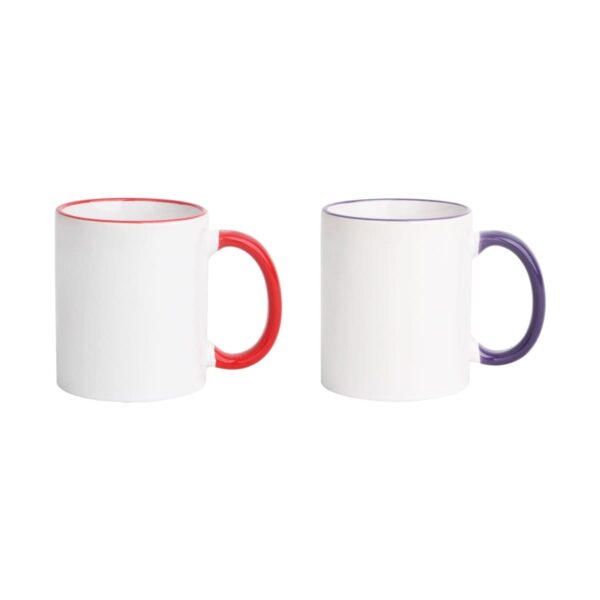 Two white ceramic mugs are placed side by side. The mug on the left has a red handle and rim, while the mug on the right has a purple handle and rim. Both mugs are empty and set against a plain white background.
