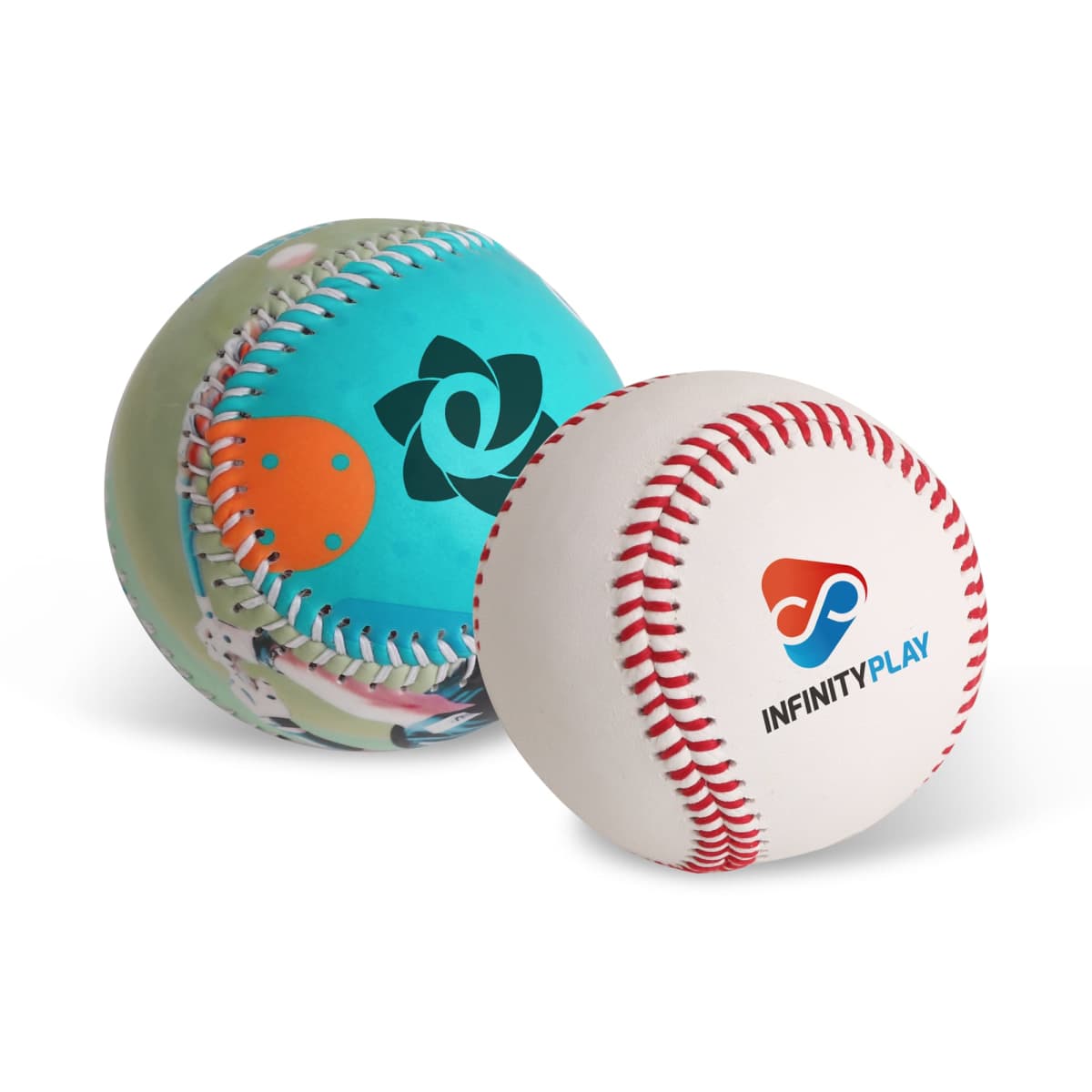 Two baseballs side by side. The left baseball has a colorful, abstract design with a dark blue logo. The right baseball is white with red stitching and features the INFINITY PLAY logo in blue and orange.