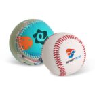 Two baseballs are shown: one with colorful patterns and a blue logo, and another with a red seam featuring the INFINITY PLAY logo in blue and orange.