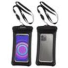 Two waterproof phone pouches with black lanyards. One shows a phone with a colorful screen, the other displays a phones back with cameras visible. The clear plastic allows for touchscreen use.