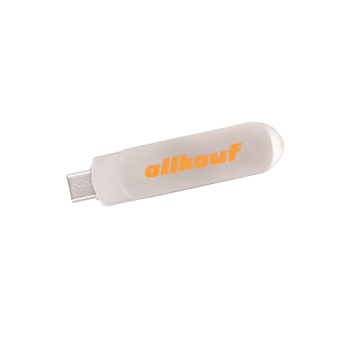 A white USB flash drive with the text allkauf in orange lettering on its surface.